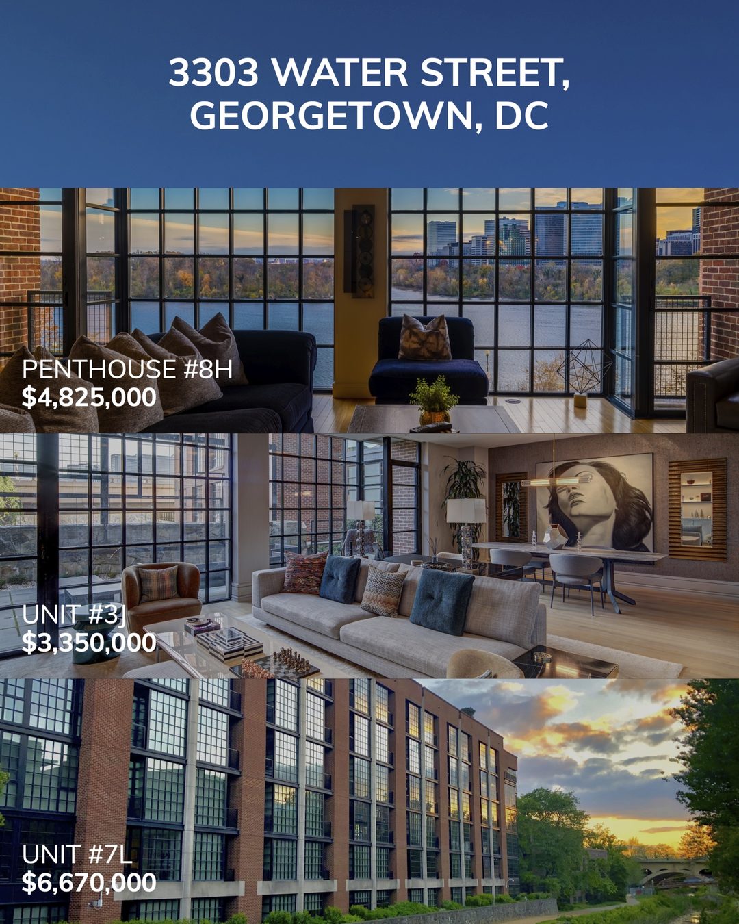 Campaign slide "3303 Water Street, Georgetown, DC": Penthouse #8H $4,825,000, Unit #3J $3,350,000 and Unit #7L $6,670,000, with river-view interiors and the brick-and-steel building exterior