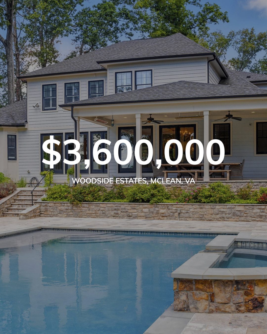 Campaign slide: $3,600,000, Woodside Estates, McLean, VA, showing a shingle-style home with a covered porch, stone terraces and a pool with spa