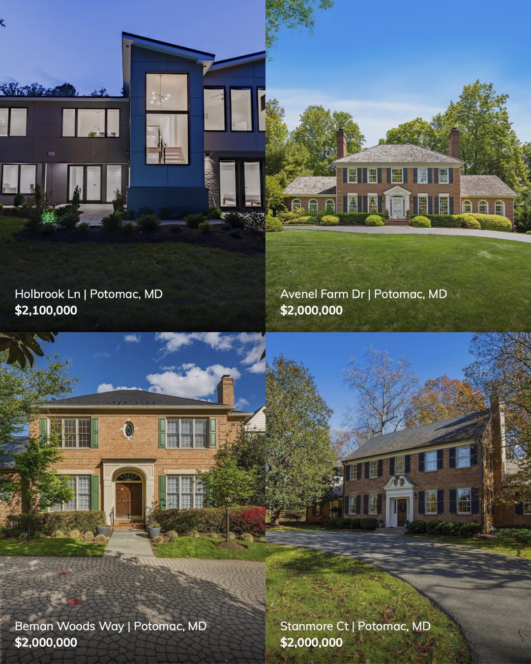 Campaign slide of four Potomac, MD homes: Holbrook Ln $2,100,000; Avenel Farm Dr $2,000,000; Beman Woods Way $2,000,000; Stanmore Ct $2,000,000, shown as a modern home at dusk and three brick Colonial-style houses